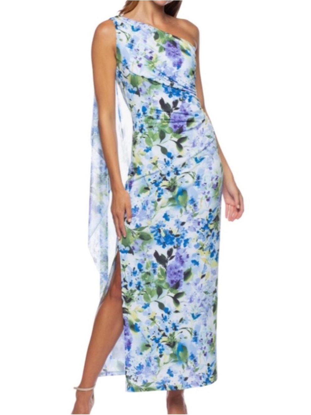 MARINA One-Shoulder Floral Midi Dress in Blue, Green and Purple